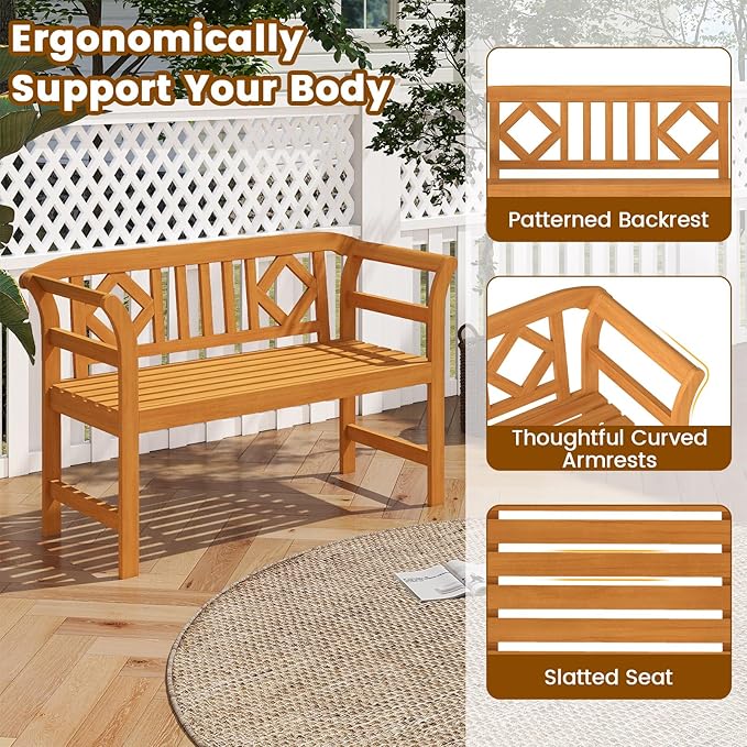 Tangkula Acacia Wood Outdoor Bench with Diamond Backrest, 2-Person Patio Wood Bench with Curved Armrests, Slatted Seat, Garden Bench Loveseat for Park, Yard, Lawn, Patio, 800 LBS Max Load