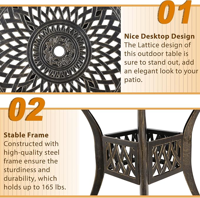 Outdoor Cast Aluminum Patio Table, 31” Round Bistro Table with 2” Umbrella Hole for Patio Furniture Garden Deck Backyard