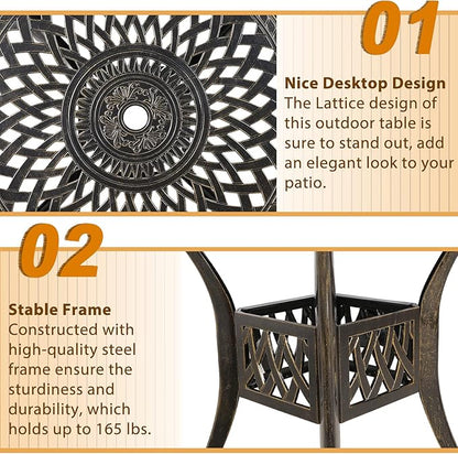 Outdoor Cast Aluminum Patio Table, 31” Round Bistro Table with 2” Umbrella Hole for Patio Furniture Garden Deck Backyard
