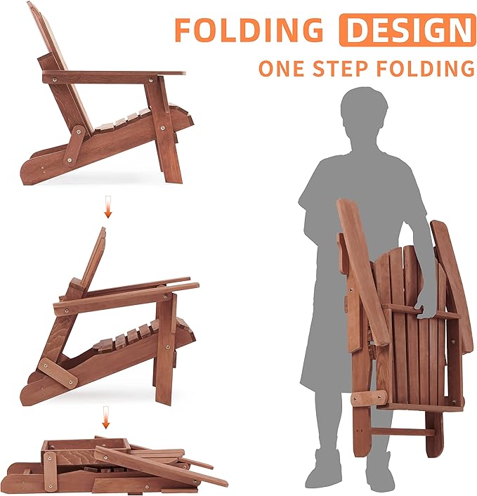 SoliWood Oversize Wooden Outdoor Folding Adirondack Chair Set of 2 with Pre-Assembled BackRest & SeatBoard, Wood Patio Chair for Garden Backyard Porch Pool Deck Firepit