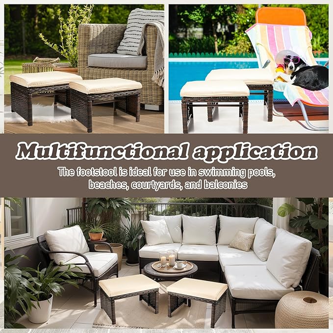 2 Pcs Patio Rattan Ottomans Outdoor Wicker Ottomans Patio Footstool Footrest with Removable Cushion Soft Zippered - Photo 7