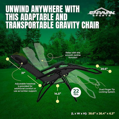 Caravan Sports Zero Gravity Outdoor Portable Folding Camping Lawn Deck Patio Lounge Chair with Adjustable Headrest, Black (Pair)
