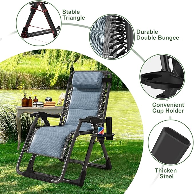 NAIZEA Padded Zero Gravity Chair, Cooling Fabric Folding Outdoor Lounge Chairs - Photo 6