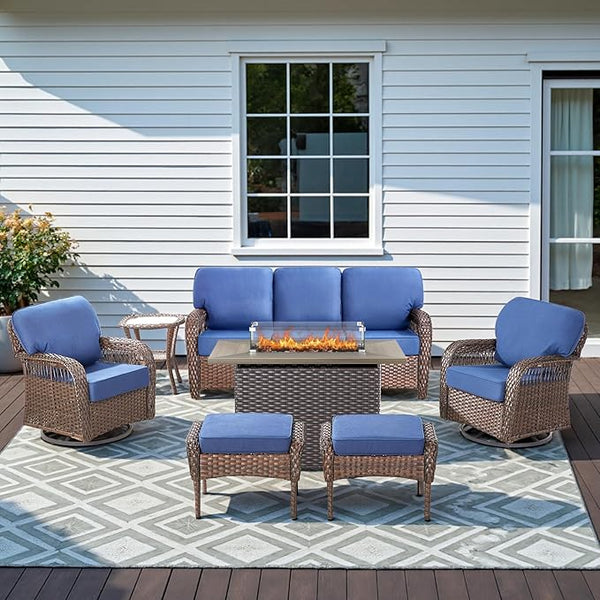 Patio Furniture Set with Fire Pit Table - 7 Pieces All-Weather Wicker Outdoor Furniture with High Back Swivel Chairs - Photo 1