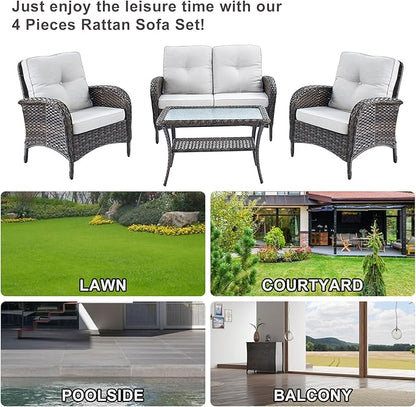 Belord Outdoor Wicker Loveseat Furniture Set of 4 with Coffee Table for Porch Deck Balcony, 4 Pieces Rattan Outdoor Conversation Sets Include 2 Club Chairs 1 Loveseat Couch 1 Coffee Table Brown/Beige