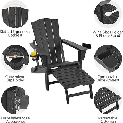 Yaheetech Adirondack Chair with Retractable Ottoman, All Weather Patio Folding Fire Pit Chair with Cup Holder and Phone Holder for Outdoor Poolside, Black, 4 pcs