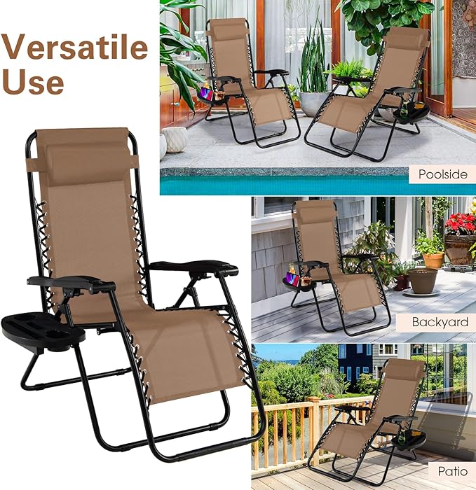 Goplus Zero Gravity Lounge Chairs, 160°Adjustable Folding Recliner w/Pillow and Cup Holder - Photo 6