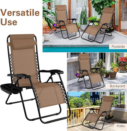 Goplus Zero Gravity Lounge Chairs, 160°Adjustable Folding Recliner w/Pillow and Cup Holder, 350LBS Comfy Outdoor Lounge Chairs for Patio, Lawn, Yard & Camp(1, Beige)