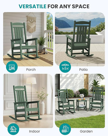 SERWALL HDPE Outdoor Rocking Chair Set of 2, Oversized Patio Rocking Chairs, All-Weather Porch Rockers for Adults, Green