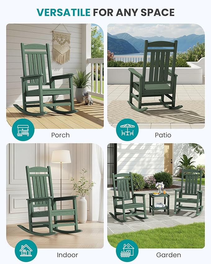 SERWALL Oversized Outdoor Rocking Chair, All-Weather Patio Rocking Chair, HDPE Porch Rocker for Adults, Green
