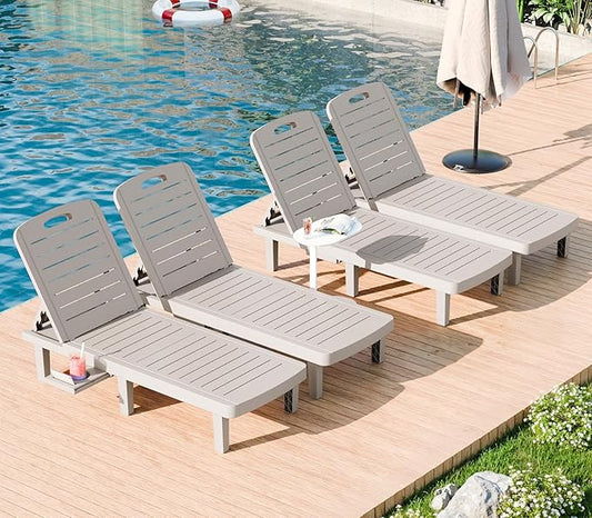 WACASA Outdoor Chaise Lounge Chairs Set of 4, Oversized Lounge Chairs with 5-Level Adjustable Backrest & Cup Holder, Resin Waterproof Pool Lounge Chair for Poolside, Patio, Beach, Yard, Gray