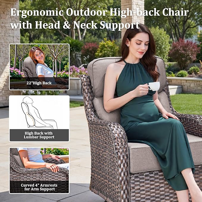 Luxury High Back Patio Furniture Set with 6-Inch Thick Cushions, 4-Pieces Outdoor Furniture with Swivel Chairs Fire Pit - Photo 4