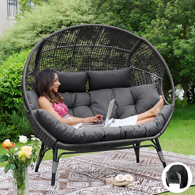NICESOUL® Double Egg Chair Indoor Outdoor Stationary Oversized 6.5" Thick Padded Cushions - Photo 1