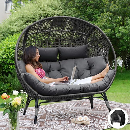 NICESOUL® Double Egg Chair Indoor Outdoor Stationary Oversized 6.5" Thick Padded Cushions,2 Person Wicker Egg Loveseat Chair, Extra Wide Lounge Chair for Patio Balcony Porch Gray with Cover