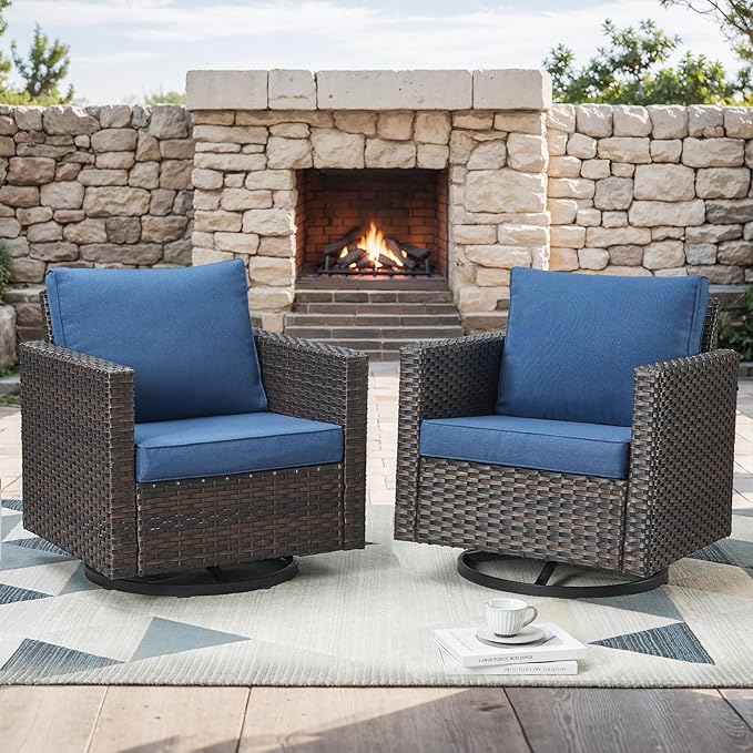 Rilyson Outdoor Patio Swivel Rocker Chairs - Wicker Patio Swivel Rocking Chairs Set of 2 with Waterproof Wicker,Comfortable Cushions and Sturdy Metal Frame for Outside Porch Deck Backyard(Brown/Blue)