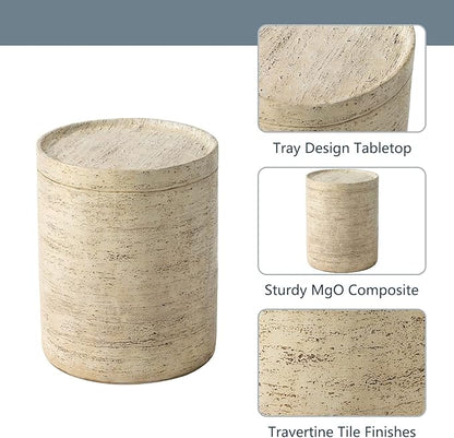 COSIEST Outdoor Side Table, Cylinder Shaped MgO Patio End Table, Lightweight Accent Table with Tray Top, Round Plant Stand Tool for Garden and Deck, Beige