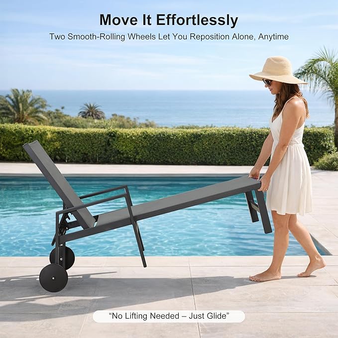 PURPLE LEAF Patio Chaise Lounge 4 Pieces Aluminum Recliner Chair with Wheels and Armrests Lounger for Pool Backyard Grey Outdoor Lounge Chair