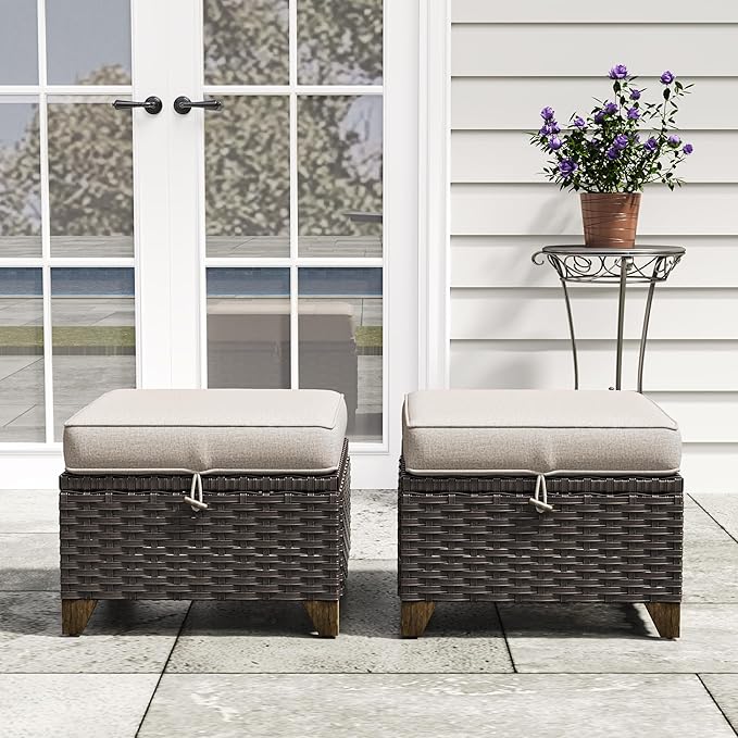 2 Pieces Patio Outdoor Ottomans with Removable and Washable Covers，PE Rattan Wicker Footstools for Porch, Garden - Photo 6