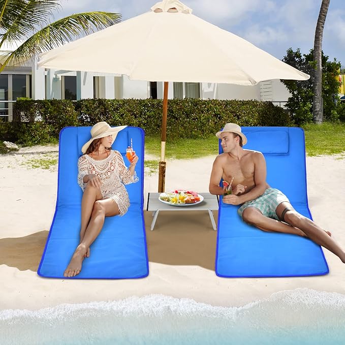 Tangkula 3 Pieces Beach Chairs for Adults, Lightweight Lawn Lounge Chairs with 5 Adjustable Recline Position, Zipper Pocket, Backpack 2 Pack Beach Chairs Set with Folding Side Table (Blue)