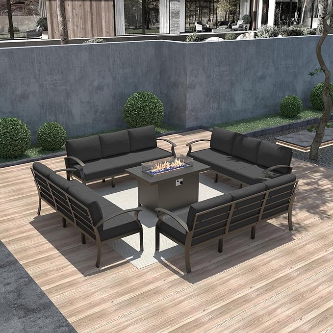 Gotland Aluminum Patio Furniture Set with Fire Pit Table, Metal Patio Furniture with 12 Seats Waterproof 5.1'' Seat Cushions, Oversized Outdoor Sectional Conversation Sets for Balcony Porch Black