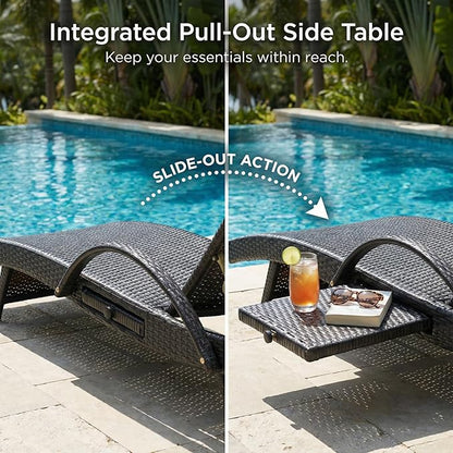 Wicker Outdoor Lounge Chairs with Pull Out Side Table, Pool Lounge Chairs Set of 6, Rattan Outdoor Lounger, Adjustable Backrest Patio Chaise Lounges for Garden, Backyard, Tanning Chair, Dark Brown
