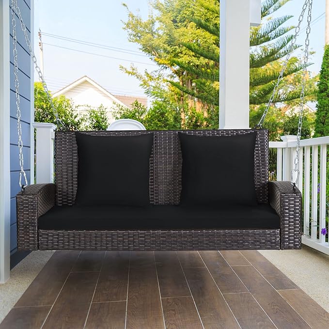 Tangkula 2-Person Wicker Porch Swing, Patiojoy Outdoor Rattan Hanging Swing Bench W/ 2 Back Cushions & 1 Seat Cushion - Photo 3