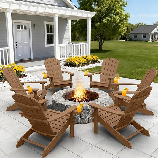 YEFU Adirondack Chairs with Cup Holders: Set of 6 Fire Pit Chairs Plastic with Wood Texture - Sturdy All-Weather HIPS for Patio Backyard Lawn - Easy Assembly Outdoor Furniture(Teak)