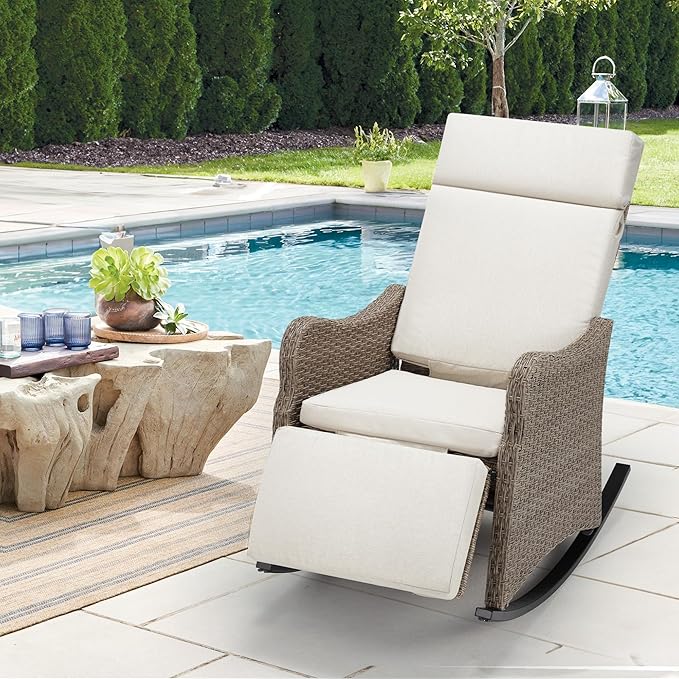 HOMREST Outdoor Recliner for Patio, Wicker Reclining Patio Chair with 150°Adjustable Back, Porch Recliner with Extended Footrest & Removable Cushion for Garden, Light Grey