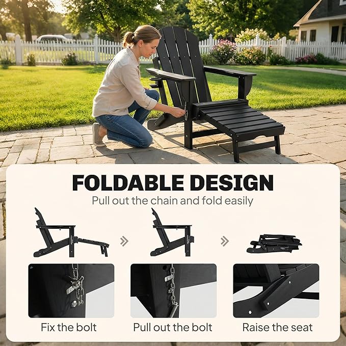 Outsunny Folding Adirondack Chair Set of 2, Outdoor HDPE Fire Pit Chair with Retractable Ottoman, Cup Holder and Large Seat for Deck, Garden, Backyard, Black