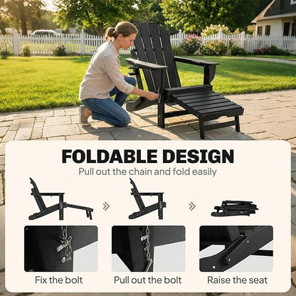 Outsunny Folding Adirondack Chair Set of 2, Outdoor HDPE Fire Pit Chair with Retractable Ottoman, Cup Holder and Large Seat for Deck, Garden, Backyard, Black