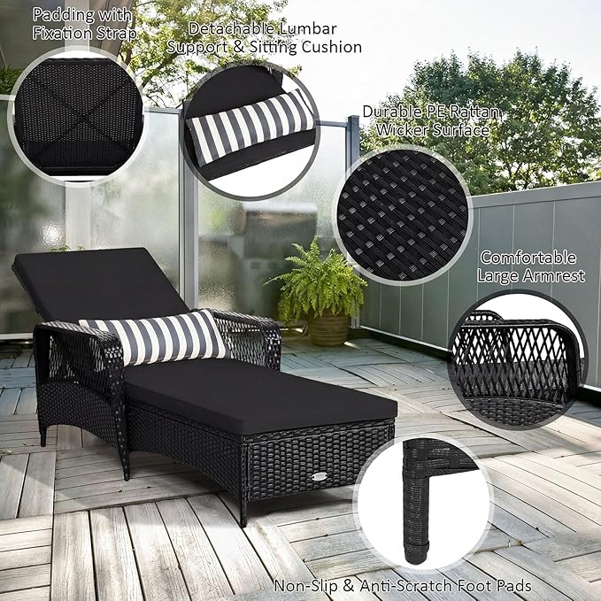 Tangkula Wicker Chaise Lounge Outdoor Set of 2, Patio Rattan Reclining Chaise with 6-Gear Adjustable Backrest - Photo 8