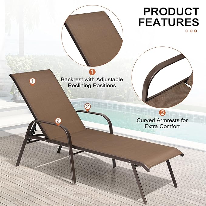 Crestlive Outdoor Chaise Lounge Chair,5-Position Pool Lounge Chairs with Armrests Sunbathing Recliner for Patio,Beach,Deck,Yard (2PC Brown)