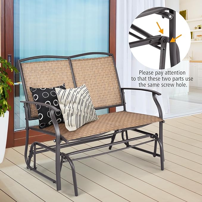 Tangkula 2-Person Patio Glider Bench, Outdoor Rocker Glider Loveseat Chair W/Heavy-Duty Steel Frame, Breathable Seat Fabric, Rocking Lounge Chair for Poolside, Garden, Backyard (Brown)