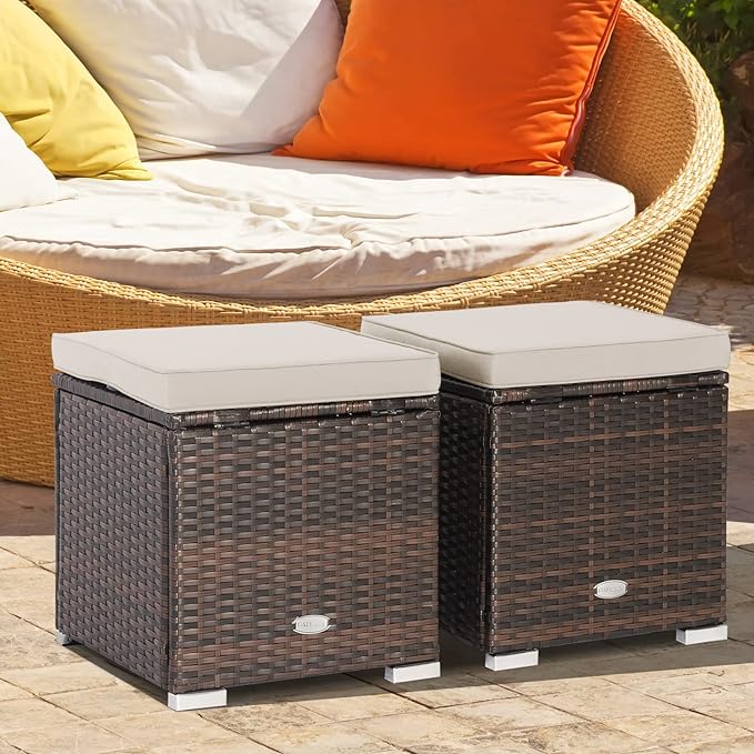 Tangkula 2 Pieces Patio Ottomans, Patiojoy Hand-Woven PE Rattan Side Table with Removable Cushion & Hidden Storage Space - Photo 2