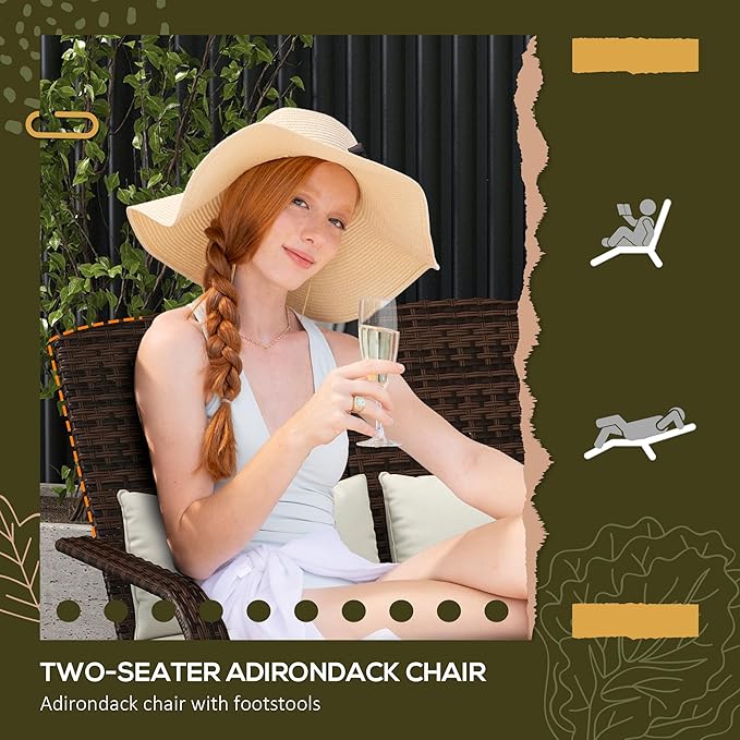 Outsunny Wicker Adirondack Chair for 2 with Cushions & Footrests, PE Rattan Double Chaise Lounge Chair - Photo 6