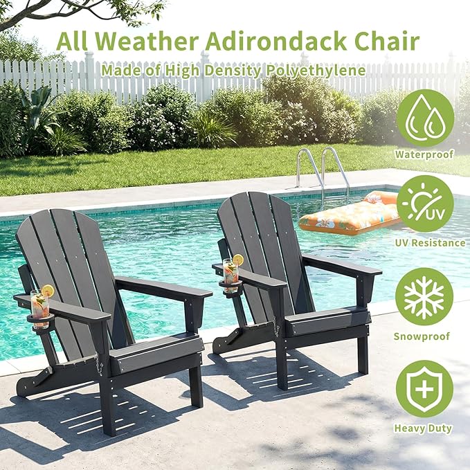 Folding Adirondack Chairs, Plastic Outdoor Patio Chairs with Cup Holder, Wood-Textured with Large Seat for Poolside Backyard Lawn, Gray