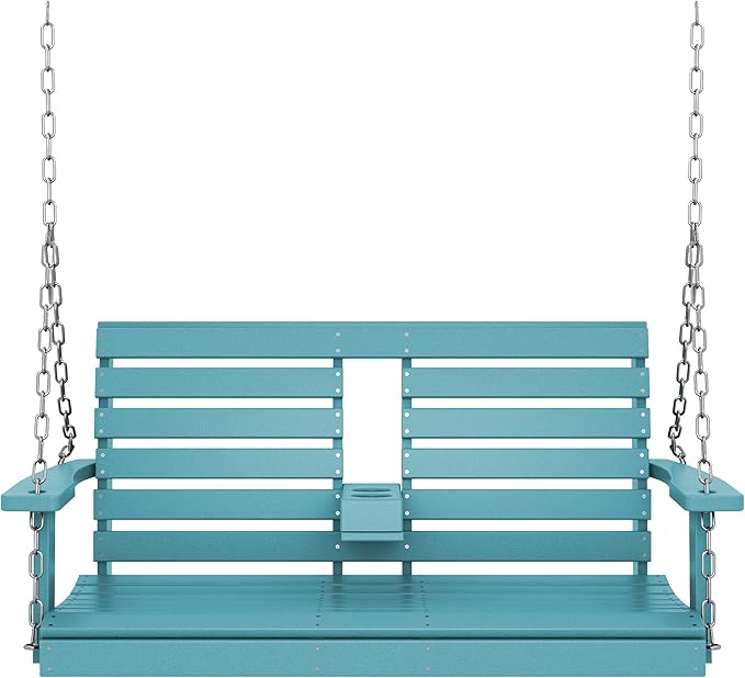 KINGYES Outdoor Hanging Porch Swing, 2 Seat Patio Swing Chair with Cup Holders - Photo 9