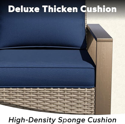 6 Pieces Metal Wicker Patio Furniture Set - 75" Sofa, 2 Armchairs and 2 Ottomans, 1 Coffee Table All Weather Rattan Outdoor Conversation Furniture with Washable Cushion for Deck Porch, Dark Blue