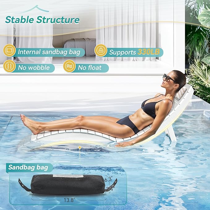 Folding Pool Lounge Chairs Set of 4, Pre-Assembled HDPS Anti-Floating Lounge Chair with Headrest for in-Pool Use(Max Depth 8-Inches), Ideal for Hotel, Poolside, Beach & Sun Decks, White