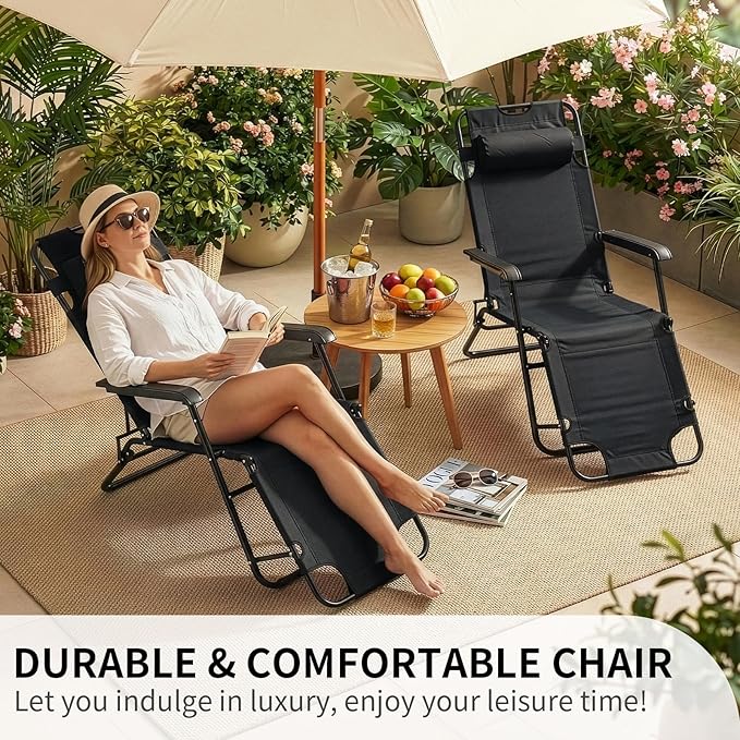 Outvita Folding Chaise Lounge Chair, Outdoor Adjustable Recliner Chair with Pillow for Camping, Beach, Poolside, Garden, Backyard, Lawn
