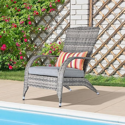 Outdoor Patio Wicker Rattan Adirondack Chair Outside Fire Pit Chairs Comfy Relax Accent Patio Chair Low Deep Seating High Back with Cushion and Pillow for Porch Deck Balcony Lawn Backyard Mixed Grey