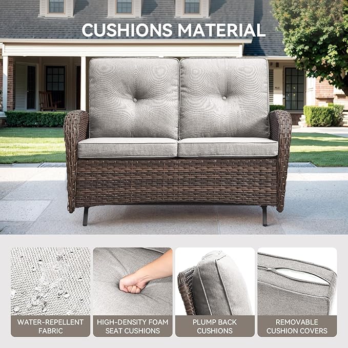 Patio Loveseat Wicker Loveseat Rattan Glider Sofa with Curved Armrest Thicking Back & Seat Cushions for Garden Balcony Backyard Brown Wicker|Beige Cushions (B) Patio Loveseat Glider