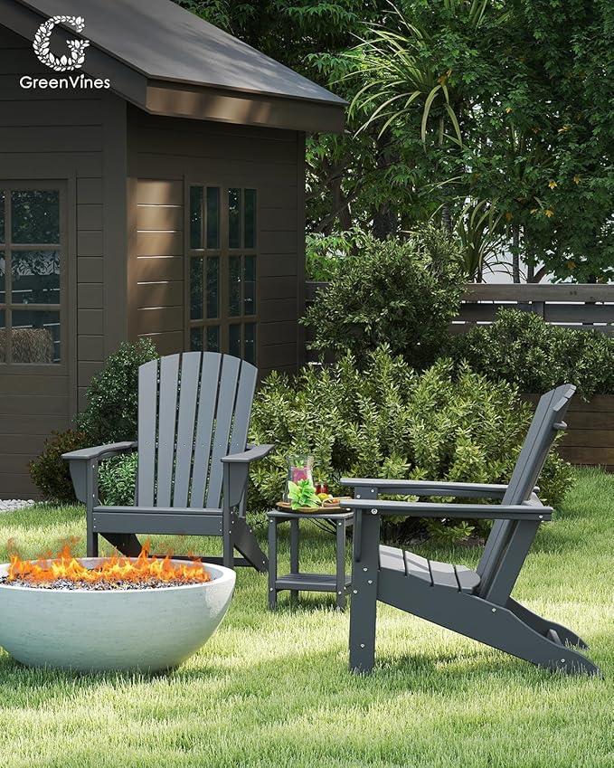 GREENVINES Adirondack Chair | HDPE Plastic | Oversized Fire Pit Chairs | All Weather | Grey | Poly Lumber | for Outdoor Deck Backyard Patio Garden