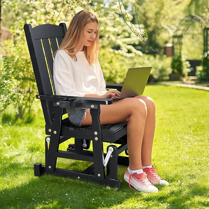 VINGLI Wooden Patio Glider, Heavy Duty 600 LBS Outdoor Glider with Cup Holders - Photo 2