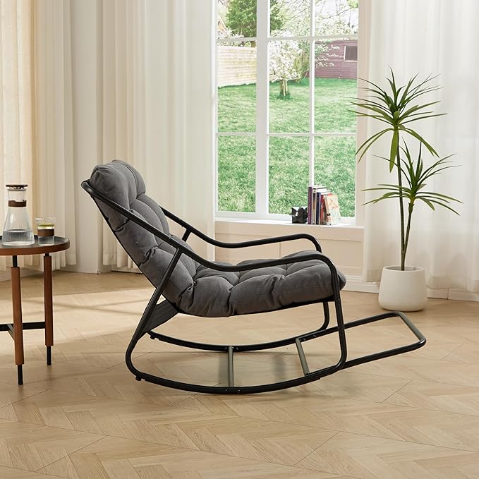 Rocking Chair with Foot Rest, Outdoor Indoor Rocking Lounge Chair with Cushion, Comfortable Patio Rocker Chairs for Patio, Porch, Garden, Living Room, Reading, Metal Frame, Grey