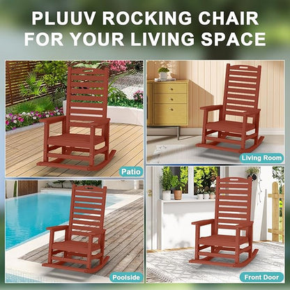 PLUUV Outdoor Rocking Chair Set of 2 with Removable Footboard for Adults, HDPE High Back Patio Rocking Chairs, 330lbs All Weather Porch Rocking Chairs for Outdoor & Indoor -Reddish Brown