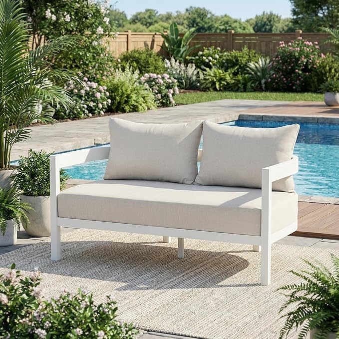 Merax 52.6" Modern Curved-Back Outdoor Aluminum Loveseat, 2-Seater Patio Sofa with Weather-Resistant Cushions for Porch - Photo 1