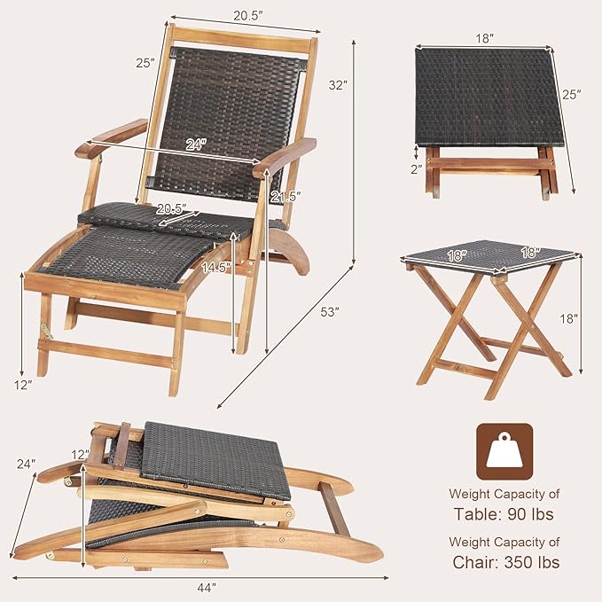 Tangkula Patio Lounge Chair and Side Table Set, Acacia Wood Wicker Folding Table and Armrest Chair with Retractable Ottoman, Outdoor Chaise Lounger for Garden, Backyard, Poolside, Balcony
