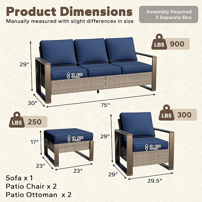 5 Pieces Metal Wicker Patio Furniture Set - 75" Sofa, Two Armchairs and Two Ottomans - Photo 3