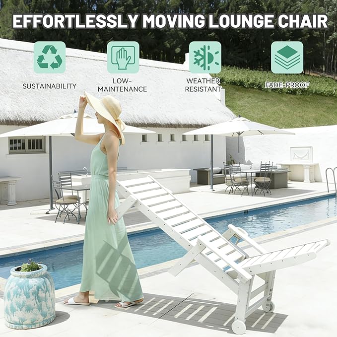 Outdoor Lounge Chairs, 78'' Long Patio Lounge Chair HDPE 5-Position Adjustable with Cup Holder & Rolling Wheels, Pool Lounge Chair for Sunbathing Tanning, Deck, Poolside -White
